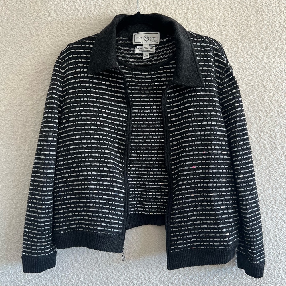 St. John Sport Women’s Black Wool Blend‎ Zipper Cardigan Sweater Set Size Large